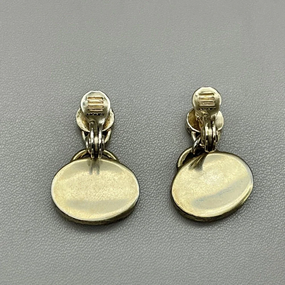 Monet Earrings Green Mother of Pearl Clip On Dangle Gold Tone Signed 1.25